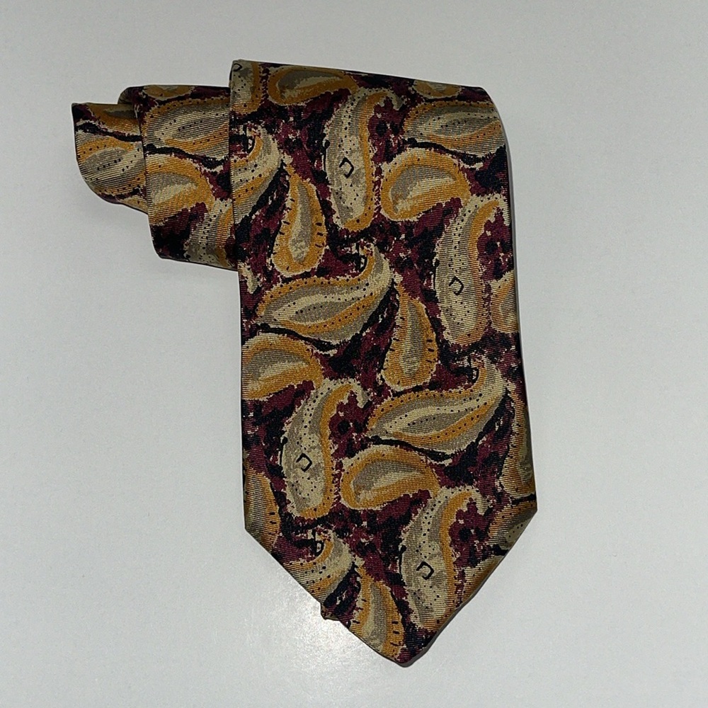 FENDI 100% Silk Tie Paisley Like Pattern Burgundy Gold Olive Green Made in Italy